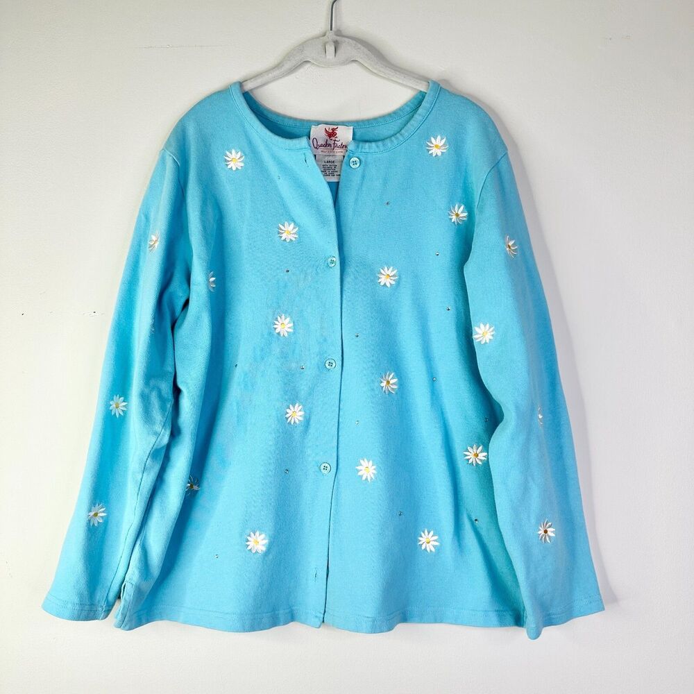 QUACKER FACTORY Cardigan Women L Blue Aqua Cotton Embroidered Daisy Y2K Vintage